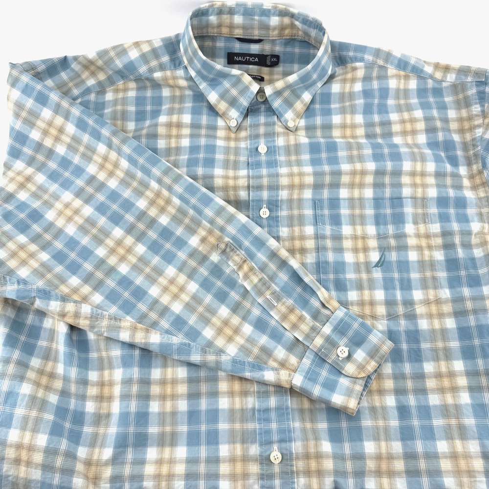 Nautica Men's 80s 2 ply cotton plaid button shirt long sleeve XXL Blue/White/Tan